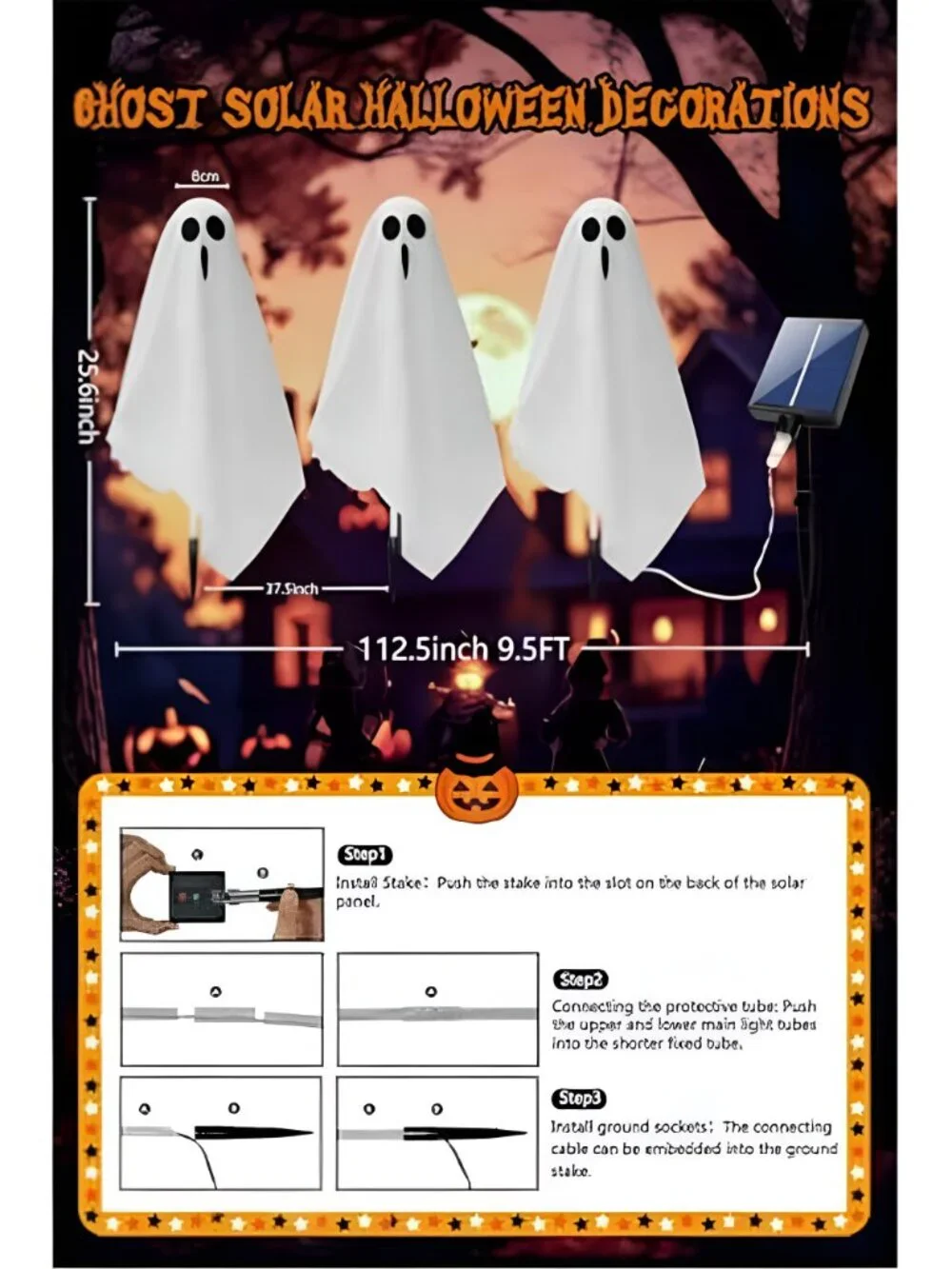 3-Pack & Solar Powered Ghost Halloween Decorations Outdoor, Auto On/Off